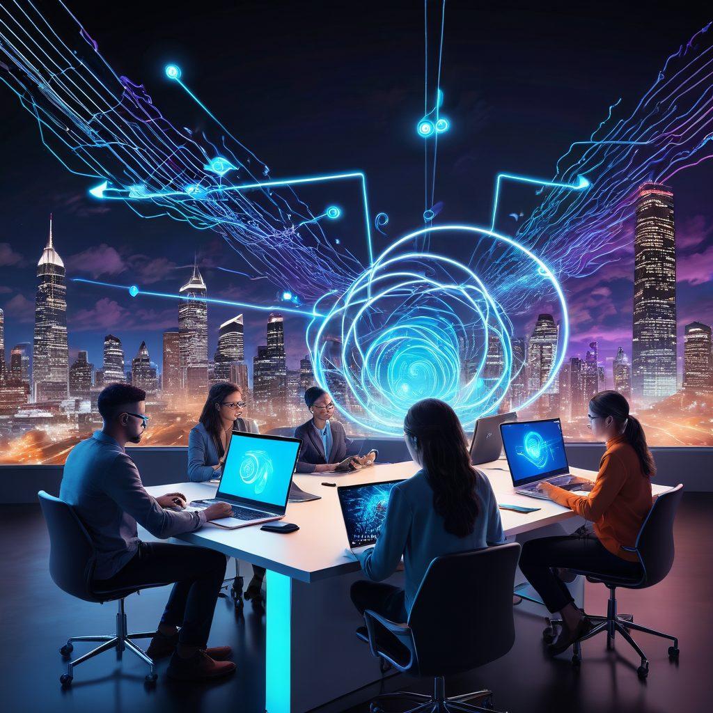 A visually striking scene showcasing various people engaging in peer-to-peer file sharing through diverse devices like laptops, smartphones, and tablets. Incorporate symbols of file distribution like arrows and digital clouds flowing between them, all set against a futuristic cityscape backdrop. The color palette should be vibrant and engaging, highlighting connectivity and collaboration. Include elements representing technology and community to visualize the P2P concept effectively. 3D. vibrant colors. futuristic style.