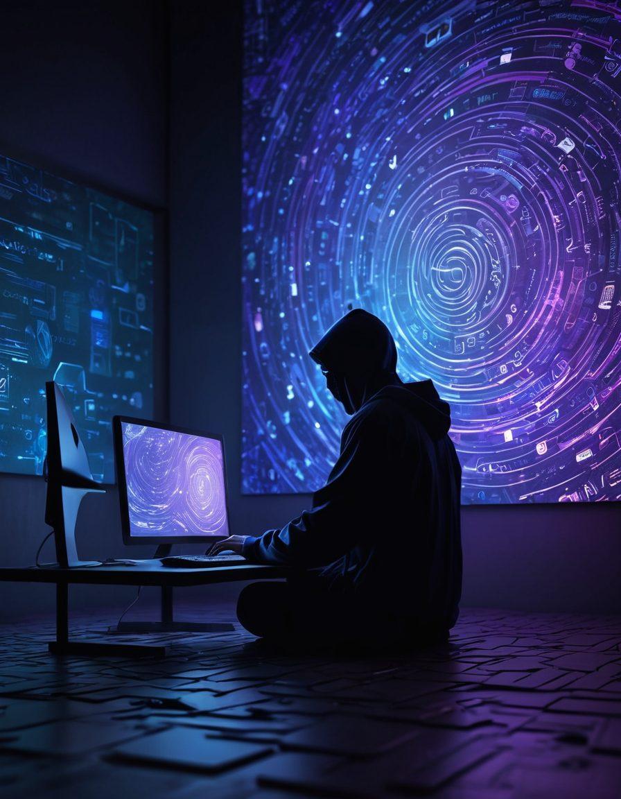 A shadowy figure sitting at a computer with multiple torrent icons floating around, symbolizing downloads, under a dimly lit atmosphere. A digital lock symbol, representing anonymity, hovers above the screen. The background features abstract patterns to signify cybersecurity and privacy. Incorporate cool colors like blues and purples for a mysterious vibe. super-realistic. moody lighting. digital art.